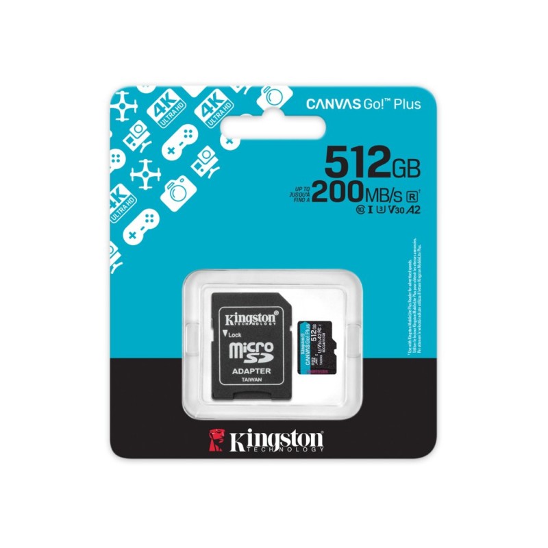 Kingston microSD 512GBCanvasGoPlus, Gen4r/w:200MB/s/160MB/s,with adapter
