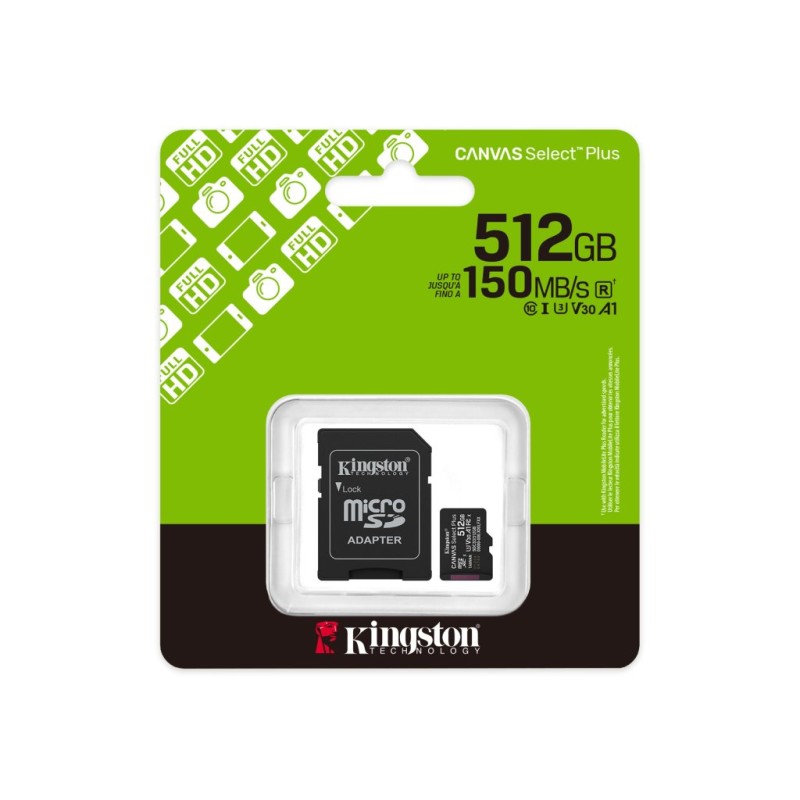 Kingston microSD 512GB Class10Canvas Select Plus150MBs Read,Class 10 UHS-I
