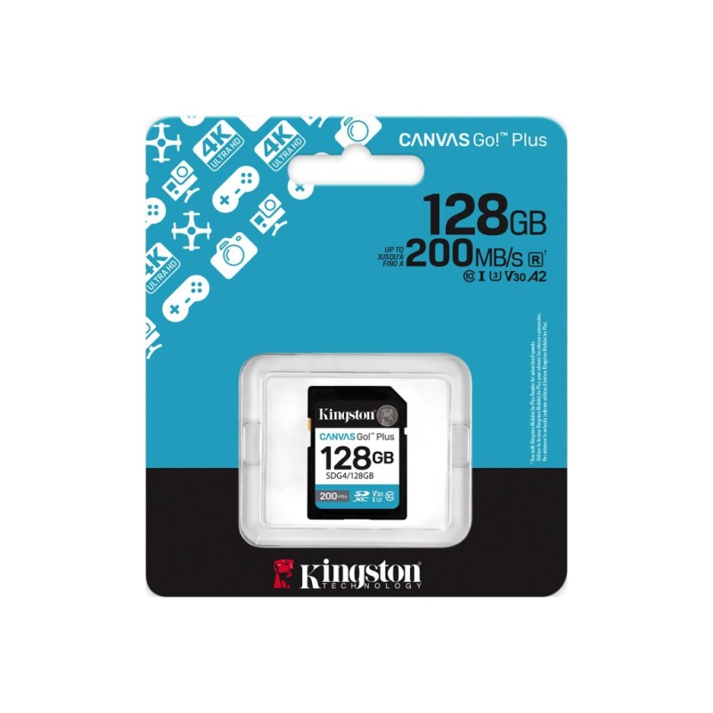 Kingston SD 128GB CanvasGoPlusSDXC,r/w:200/160MB/sDSLRs, mirrorless cameras, 4K video