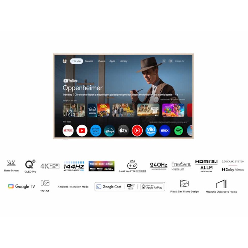 TCL 65"A300W NXTVISION 4K QLEDGoogle OS 144Hz VRR ART TVDolby Atmos Ambient mode HDMI 2.1