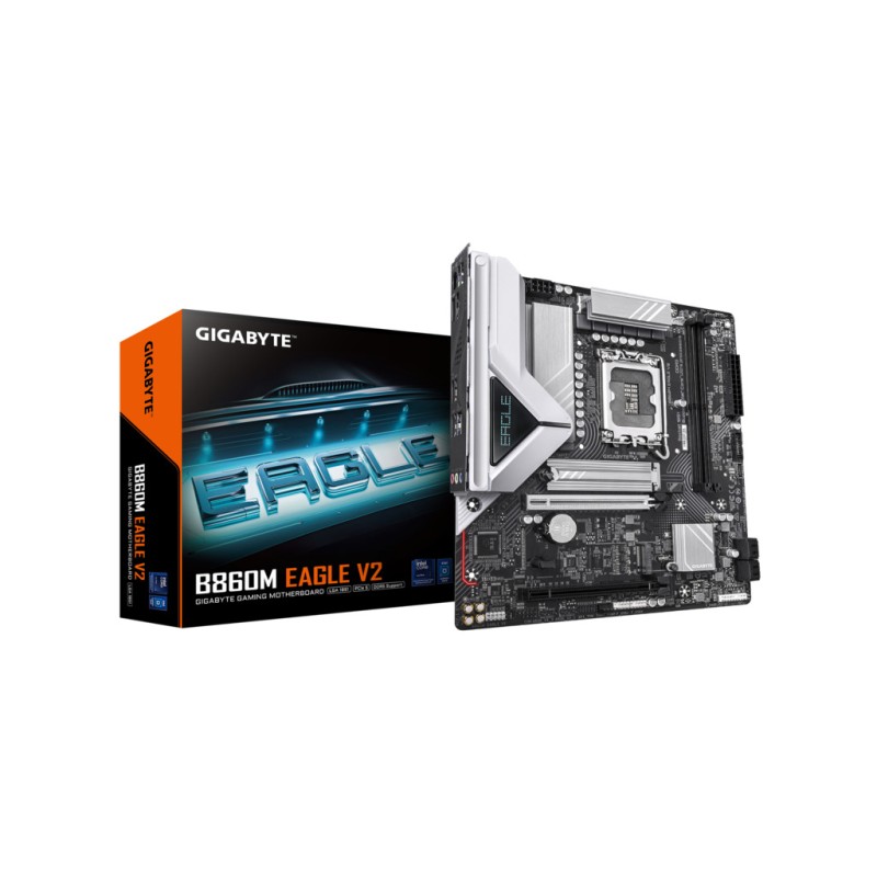 Gigabyte B860M Eagle V2 – mATX LGA1851, DDR5 (2 x DIMM), 2 x M.2, 4 x SATA, HDMI, DP, USB‑C, 6 x USB.