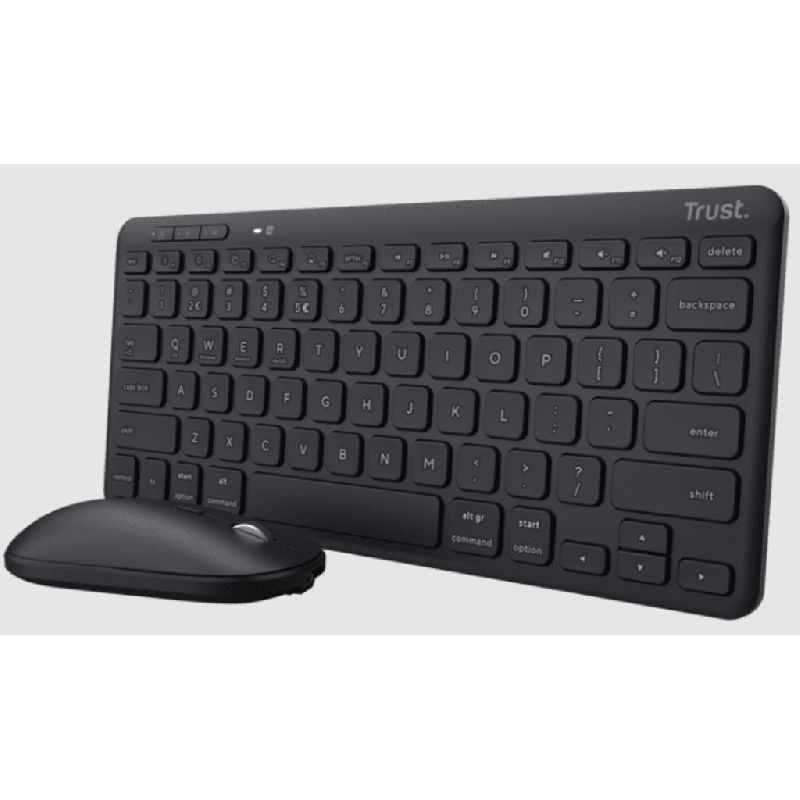 Trust Lyra 2‑u‑1 bežični tipkovnica i miš, US raspored, multi‑device, 2.4 GHz.