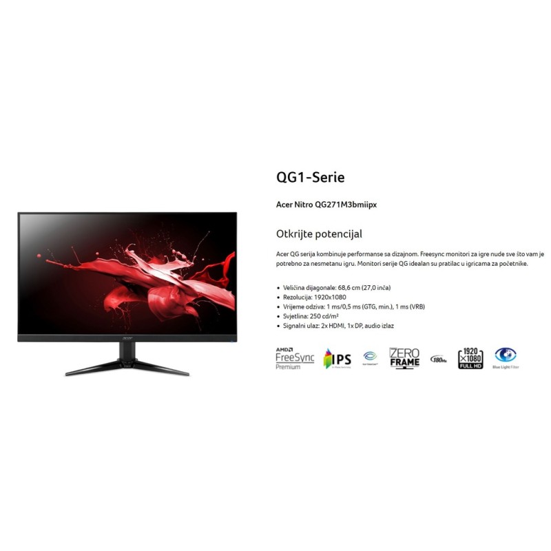 Acer Nitro QG1 27" FHD 180 Hz IPS 1 ms 250 cd/m² HDMI×2 DP zvučnici, nagib –5°‑20°, VESA 100×100, crna