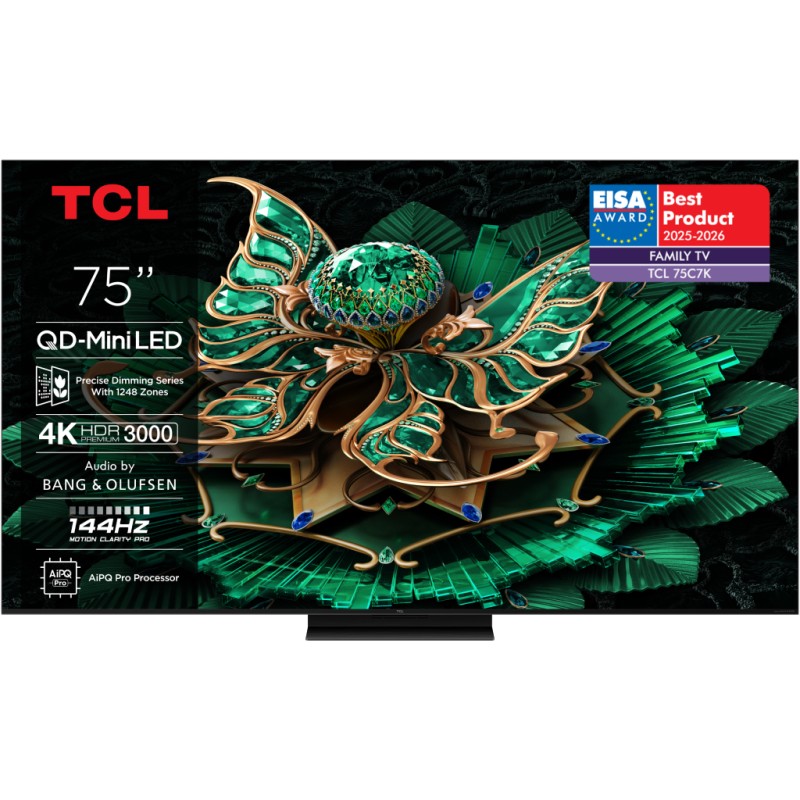 TCL 75" C7K 4K QD‑Mini LED TV – 144 Hz, Google TV, Game Master, Bang & Olufsen zvuk, HDR Premium