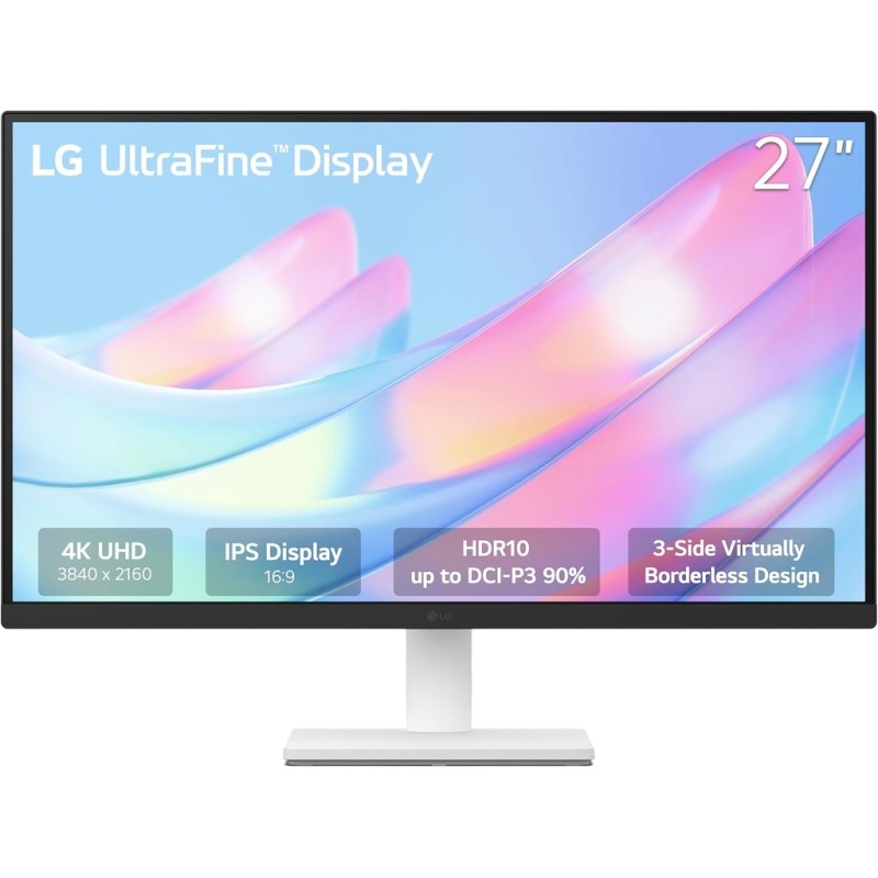 LG 27" 4K UltraFine IPS monitor – 3840×2160, 5 ms, 300 cd/m², 60 Hz, DP & 2×HDMI, tilt, VESA.