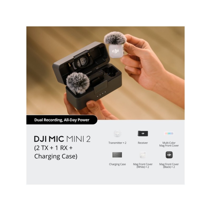 DJI Mic Mini 2 – bežični set s 2 TX, 1 RX i punjačkim kućištem, 2,4 GHz, do 250 m dometa, 10 h trajanja baterije.